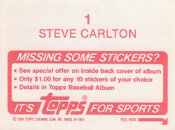 1984 Topps Stickers #1 Steve Carlton Back