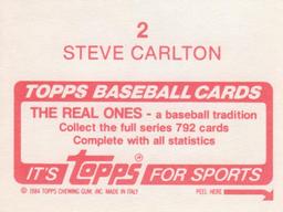 1984 Topps Stickers #2 Steve Carlton Back