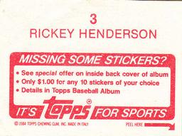 1984 Topps Stickers #3 Rickey Henderson Back