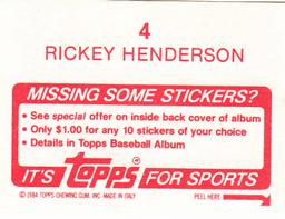 1984 Topps Stickers #4 Rickey Henderson Back