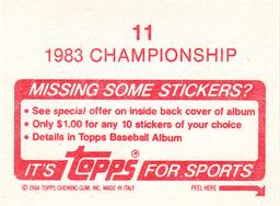 1984 Topps Stickers #11 1983 Championship Back