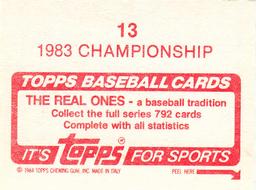 1984 Topps Stickers #13 1983 Championship Back