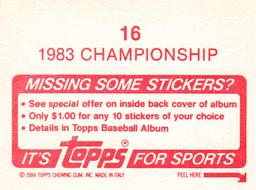 1984 Topps Stickers #16 1983 Championship Back