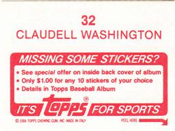 1984 Topps Stickers #32 Claudell Washington Back