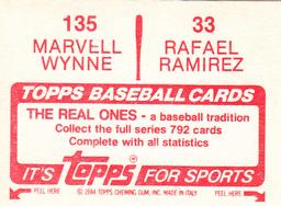 1984 Topps Stickers #33 / 135 Rafael Ramirez / Marvell Wynne Back