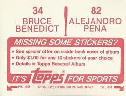 1984 Topps Stickers #34 / 82 Bruce Benedict / Alejandro Pena Back