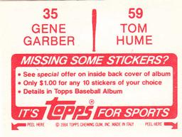 1984 Topps Stickers #35 / 59 Tom Hume / Gene Garber Back