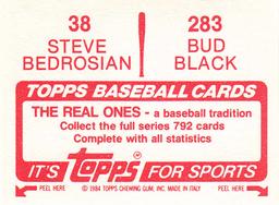 1984 Topps Stickers #38 / 283 Bud Black / Steve Bedrosian Back