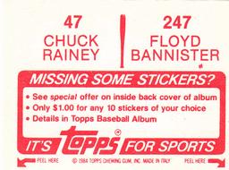 1984 Topps Stickers #47 / 247 Chuck Rainey / Floyd Bannister Back