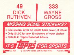 1984 Topps Stickers #49 / 333 Dick Ruthven / Wayne Gross Back
