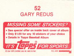 1984 Topps Stickers #52 Gary Redus Back