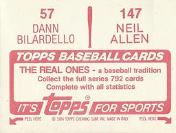 1984 Topps Stickers #57 / 147 Dann Bilardello / Neil Allen Back
