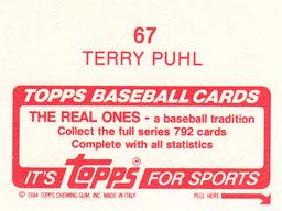 1984 Topps Stickers #67 Terry Puhl Back