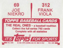 1984 Topps Stickers #69 / 312 Joe Niekro / Frank Viola Back