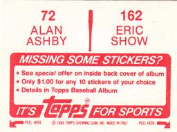 1984 Topps Stickers #72 / 162 Alan Ashby / Eric Show Back