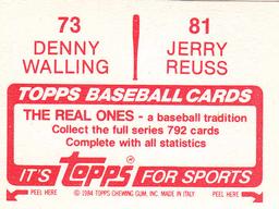 1984 Topps Stickers #73 / 81 Jerry Reuss / Denny Walling Back