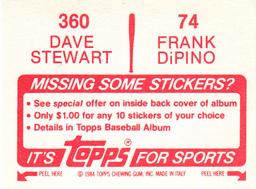 1984 Topps Stickers #74 / 360 Frank DiPino / Dave Stewart Back