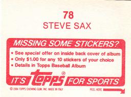 1984 Topps Stickers #78 Steve Sax Back