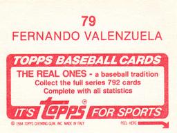 1984 Topps Stickers #79 Fernando Valenzuela Back