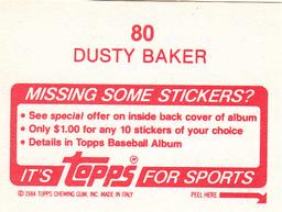 1984 Topps Stickers #80 Dusty Baker Back