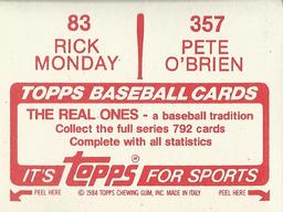 1984 Topps Stickers #83 / 357 Pete O'Brien / Rick Monday Back