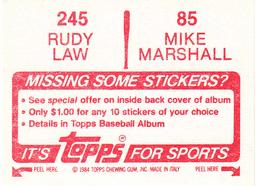 1984 Topps Stickers #85 / 245 Mike Marshall / Rudy Law Back