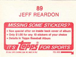 1984 Topps Stickers #89 Jeff Reardon Back