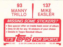 1984 Topps Stickers #93 / 137 Mike Easler / Manny Trillo Back