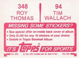 1984 Topps Stickers #94 / 348 Tim Wallach / Roy Thomas Back