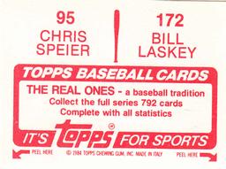 1984 Topps Stickers #95 / 172 Chris Speier / Bill Laskey Back