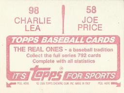 1984 Topps Stickers #58 / 98 Joe Price / Charlie Lea Back