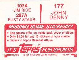 1984 Topps Stickers #102A / 287A / 177 John Denny / Jim Rice / Rusty Staub Back