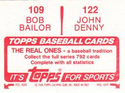 1984 Topps Stickers #109 / 122 John Denny / Bob Bailor Back
