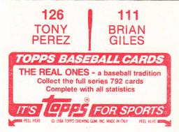 1984 Topps Stickers #111 / 126 Brian Giles / Tony Perez Back