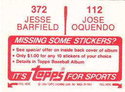 1984 Topps Stickers #112 / 372 Jose Oquendo / Jesse Barfield Back