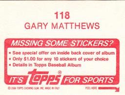 1984 Topps Stickers #118 Gary Matthews Back