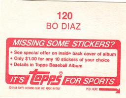 1984 Topps Stickers #120 Bo Diaz Back