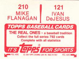 1984 Topps Stickers #121 / 210 Ivan DeJesus / Mike Flanagan Back