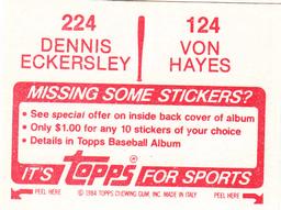 1984 Topps Stickers #124 / 224 Von Hayes / Dennis Eckersley Back