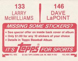1984 Topps Stickers #133 / 146 Larry McWilliams / Dave LaPoint Back