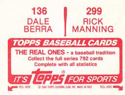 1984 Topps Stickers #136 / 299 Dale Berra / Rick Manning Back