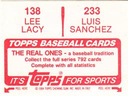 1984 Topps Stickers #138 / 233 Lee Lacy / Luis Sanchez Back