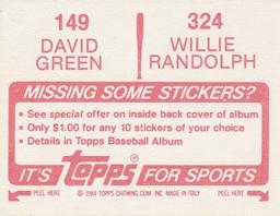 1984 Topps Stickers #149 / 324 David Green / Willie Randolph Back
