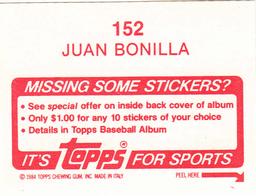 1984 Topps Stickers #152 Juan Bonilla Back