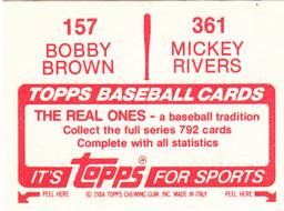 1984 Topps Stickers #157 / 361 Mickey Rivers / Bobby Brown Back