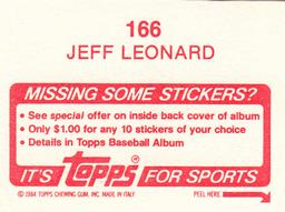 1984 Topps Stickers #166 Jeff Leonard Back