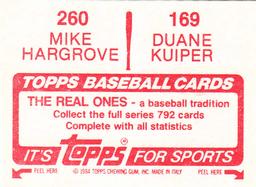1984 Topps Stickers #169 / 260 Duane Kuiper / Mike Hargrove Back