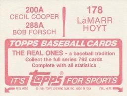 1984 Topps Stickers #178 / 200A / 288A LaMarr Hoyt / Cecil Cooper / Bob Forsch Back