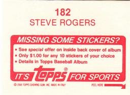 1984 Topps Stickers #182 Steve Rogers Back