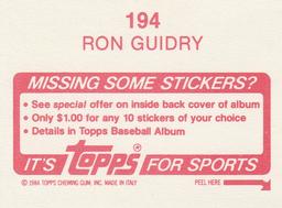 1984 Topps Stickers #194 Ron Guidry Back